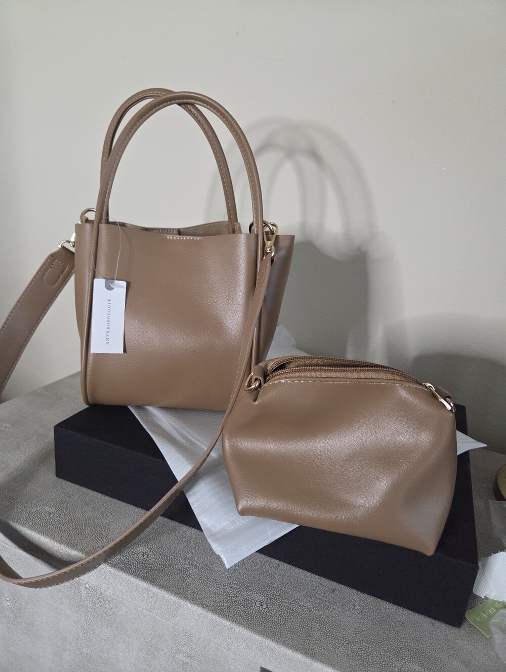 NWT Antropologie Tan Leather Tote and Pouch Set